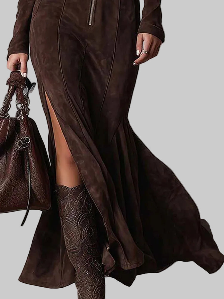 Women's Faux Suede Belted Maxi Dress with Front Zip