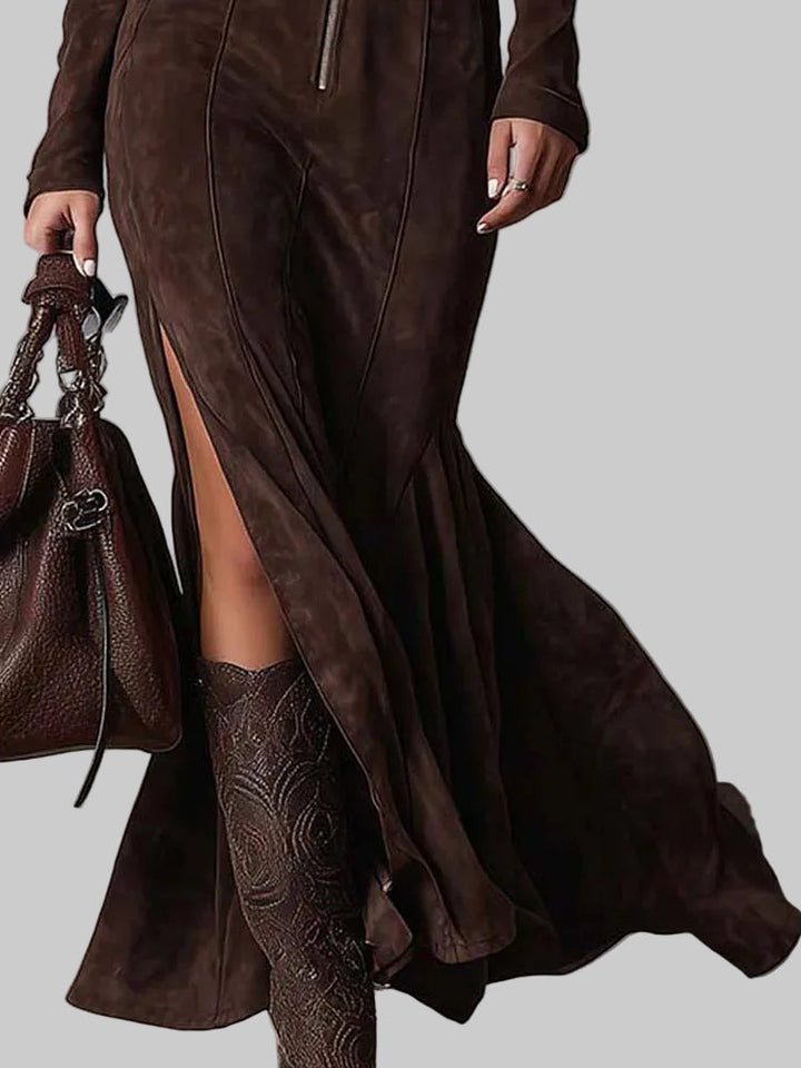 Women's Faux Suede Belted Maxi Dress with Front Zip