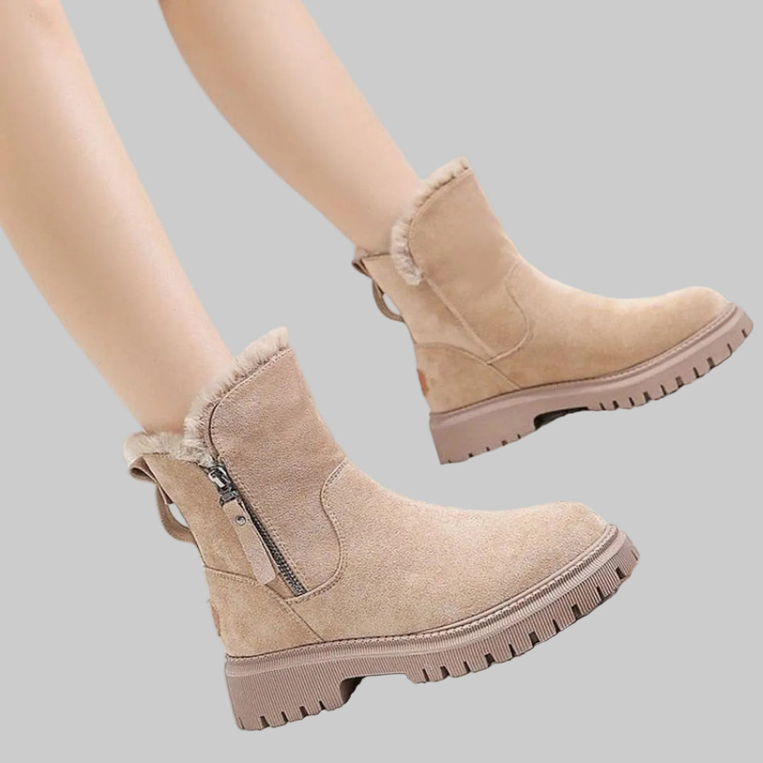Women's Suede-Style Ankle Boots with Fleece Lining, Side Zip and Chunky Sole