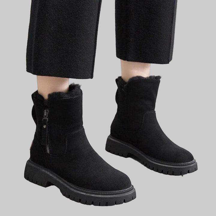 Women's Suede-Style Ankle Boots with Fleece Lining, Side Zip and Chunky Sole