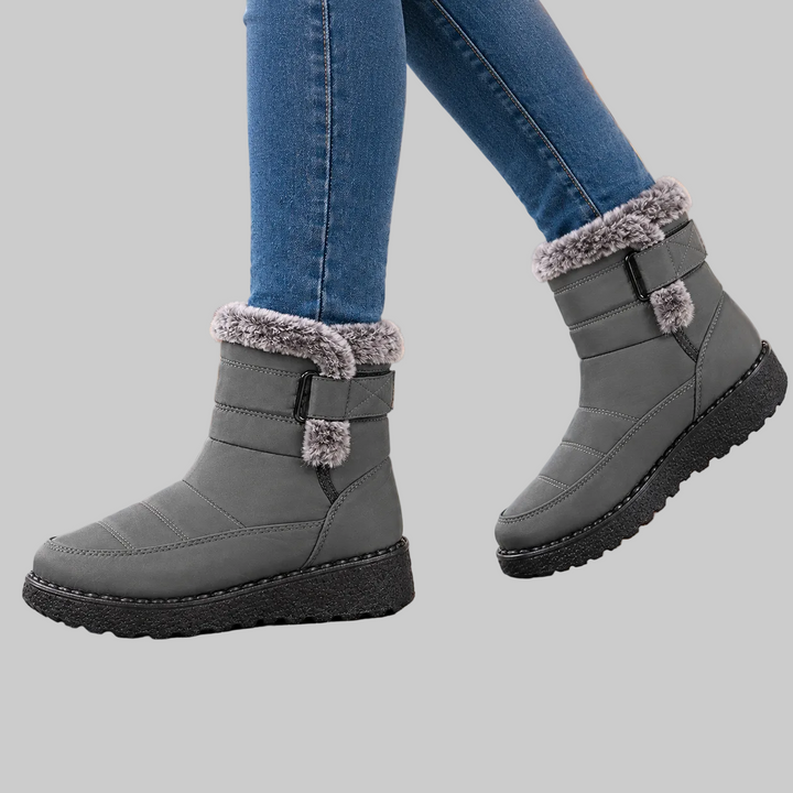 Warm Winter Ankle Boots with Fur Collar and Buckle Strap