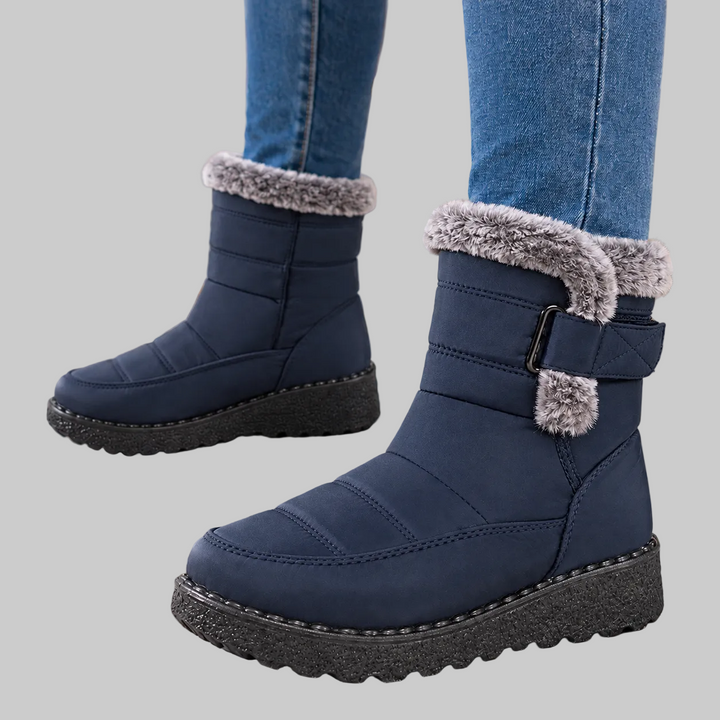 Warm Winter Ankle Boots with Fur Collar and Buckle Strap