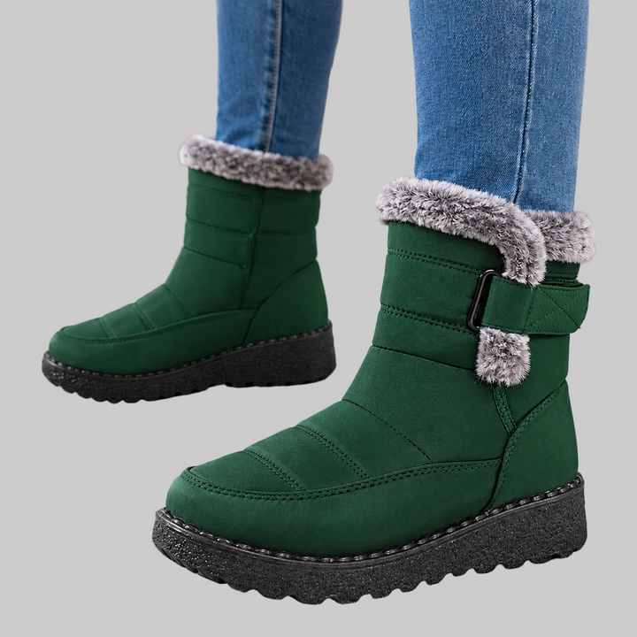 Warm Winter Ankle Boots with Fur Collar and Buckle Strap