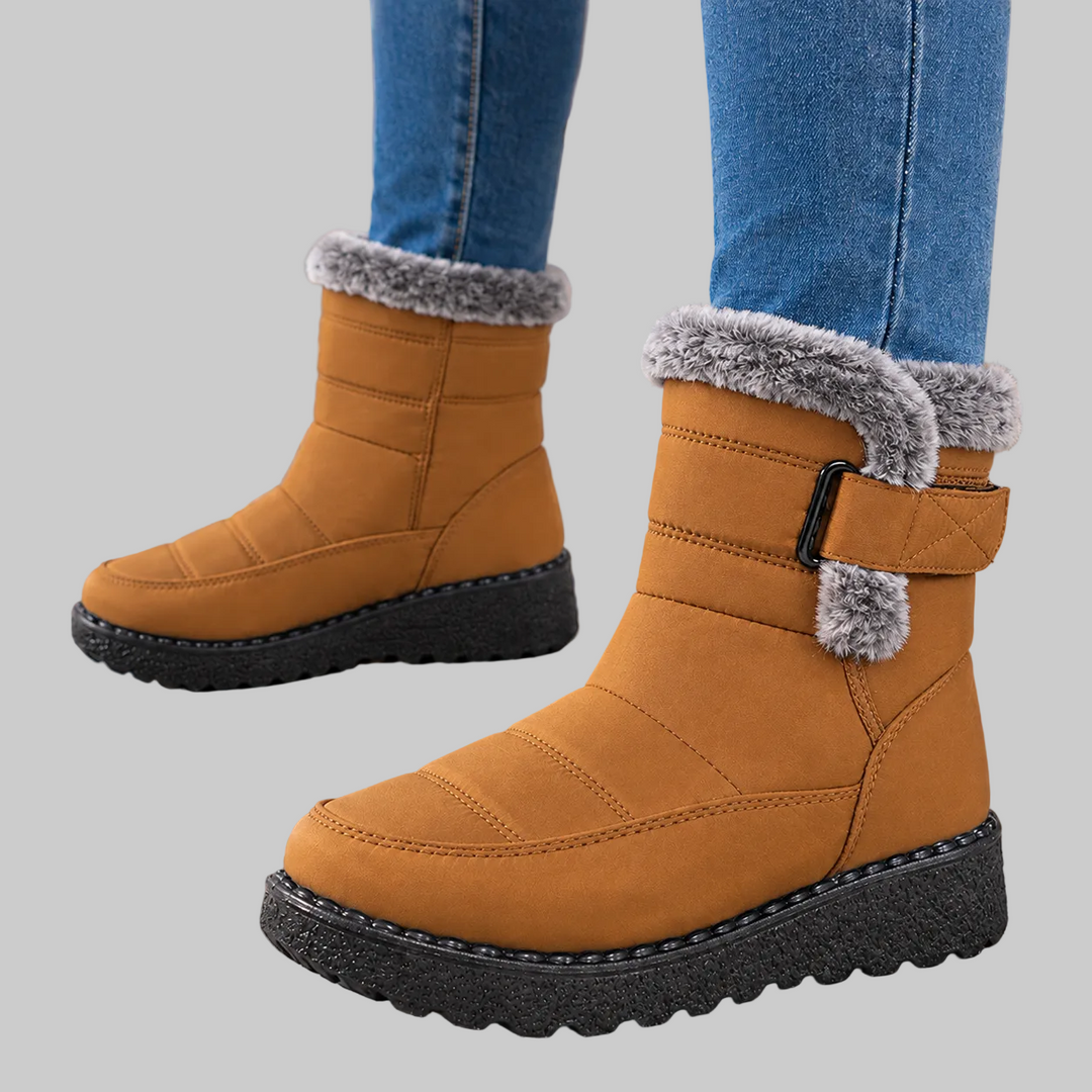 Warm Winter Ankle Boots with Fur Collar and Buckle Strap