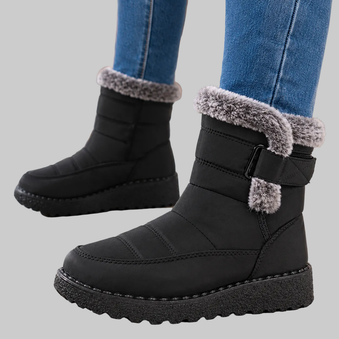 Warm Winter Ankle Boots with Fur Collar and Buckle Strap
