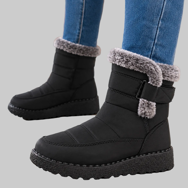 Warm Winter Ankle Boots with Fur Collar and Buckle Strap