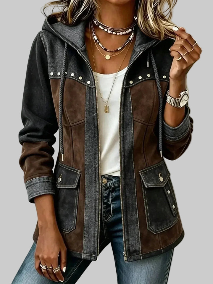 Women's Hooded Two-Tone Jacket with Suede-Effect Panels and Zip Front