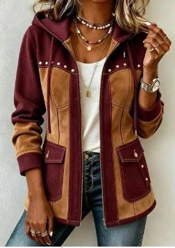Women's Hooded Two-Tone Jacket with Suede-Effect Panels and Zip Front