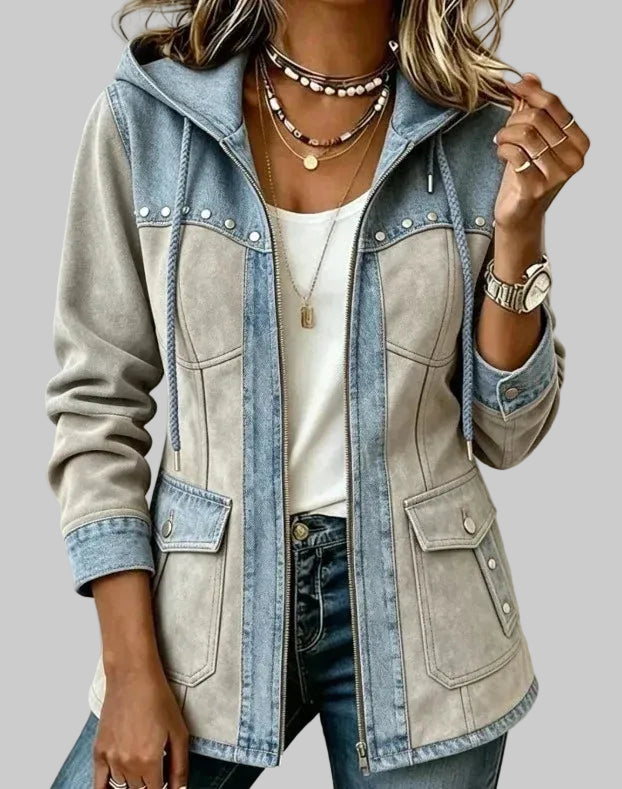 Women's Hooded Two-Tone Jacket with Suede-Effect Panels and Zip Front