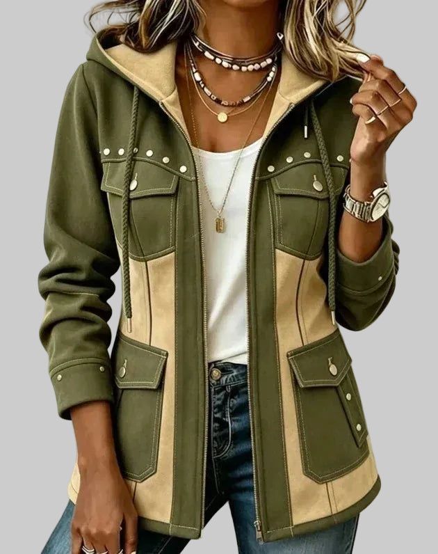 Women's Hooded Two-Tone Jacket with Suede-Effect Panels and Zip Front