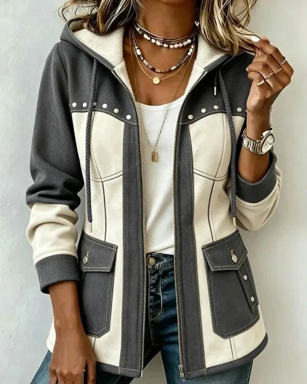 Women's Hooded Two-Tone Jacket with Suede-Effect Panels and Zip Front