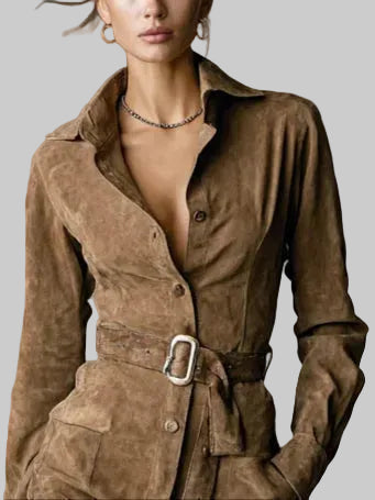 Women's Faux Suede Belted Midi Shirt Dress with Button Front