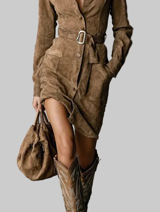 Women's Faux Suede Belted Midi Shirt Dress with Button Front