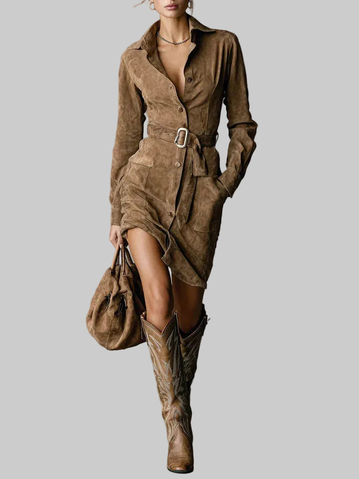 Women's Faux Suede Belted Midi Shirt Dress with Button Front