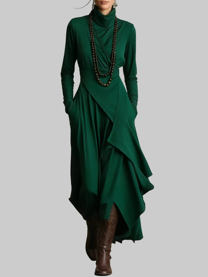 Draped Polo Neck Maxi Dress with Asymmetric Hem