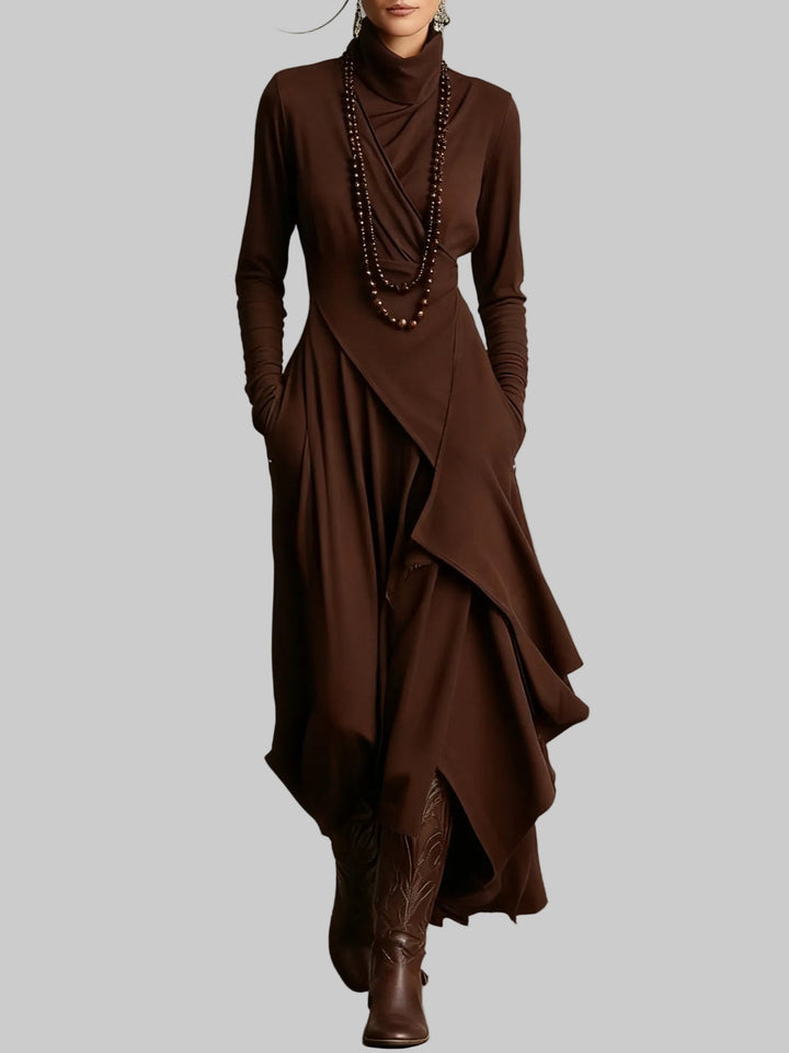 Draped Polo Neck Maxi Dress with Asymmetric Hem