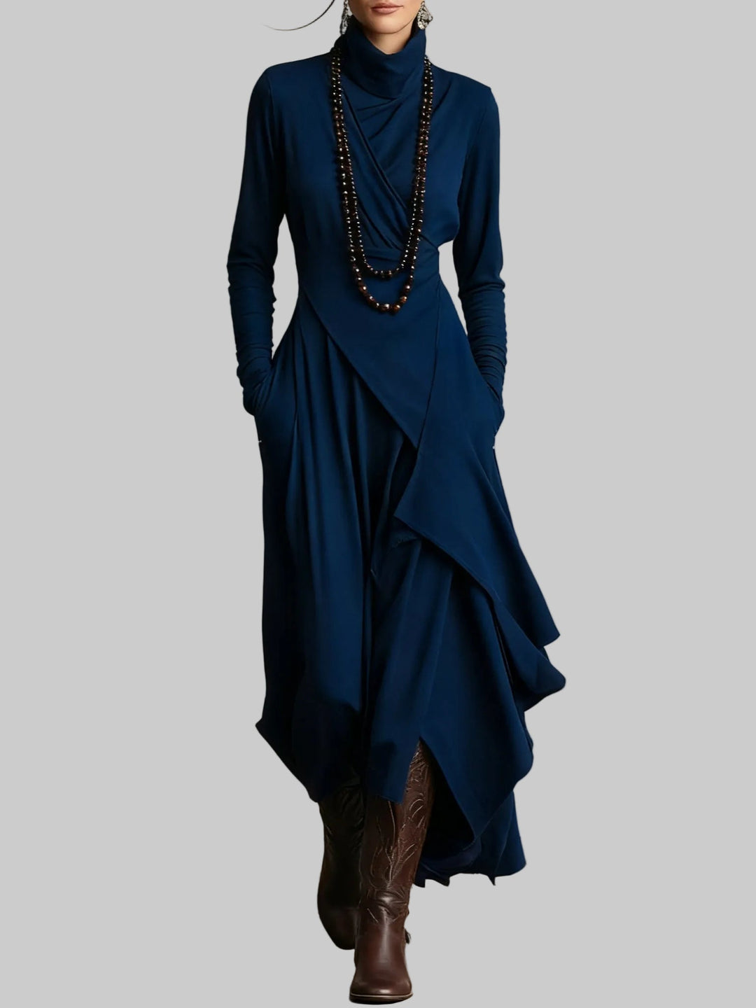 Draped Polo Neck Maxi Dress with Asymmetric Hem