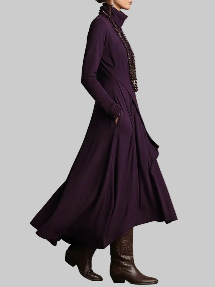 Draped Polo Neck Maxi Dress with Asymmetric Hem
