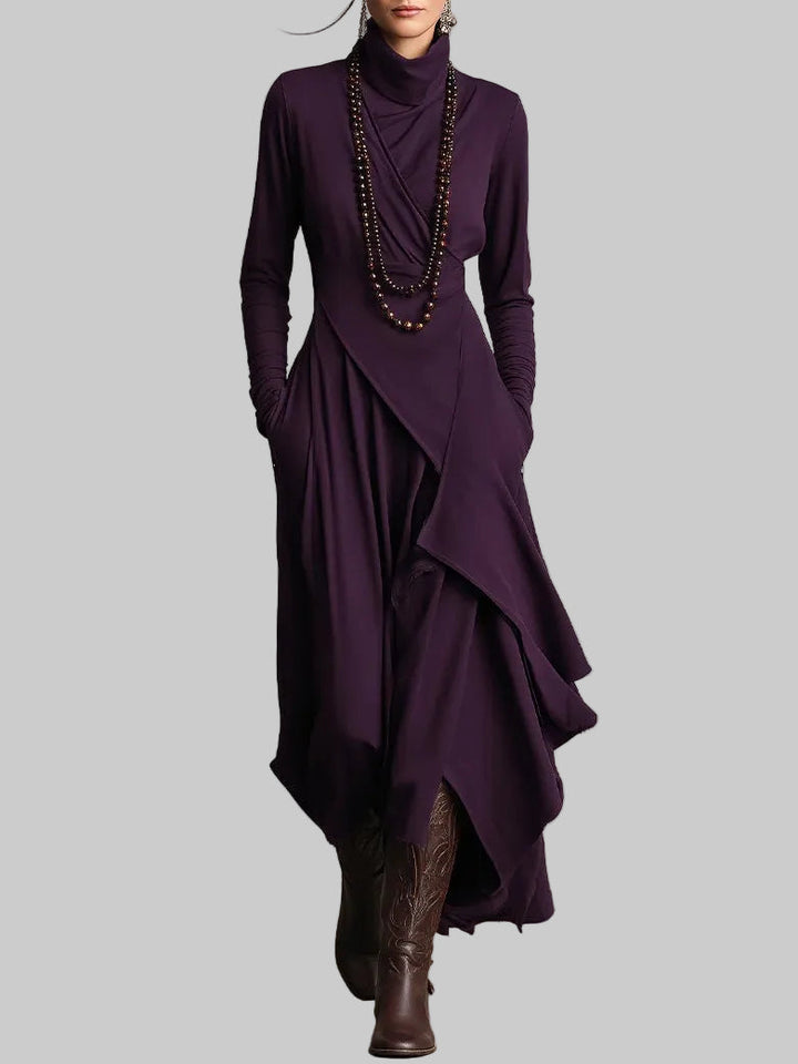 Draped Polo Neck Maxi Dress with Asymmetric Hem