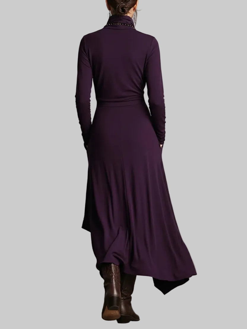 Draped Polo Neck Maxi Dress with Asymmetric Hem