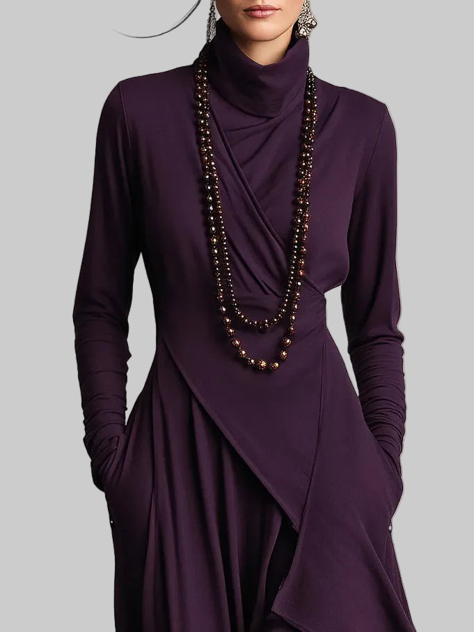 Draped Polo Neck Maxi Dress with Asymmetric Hem
