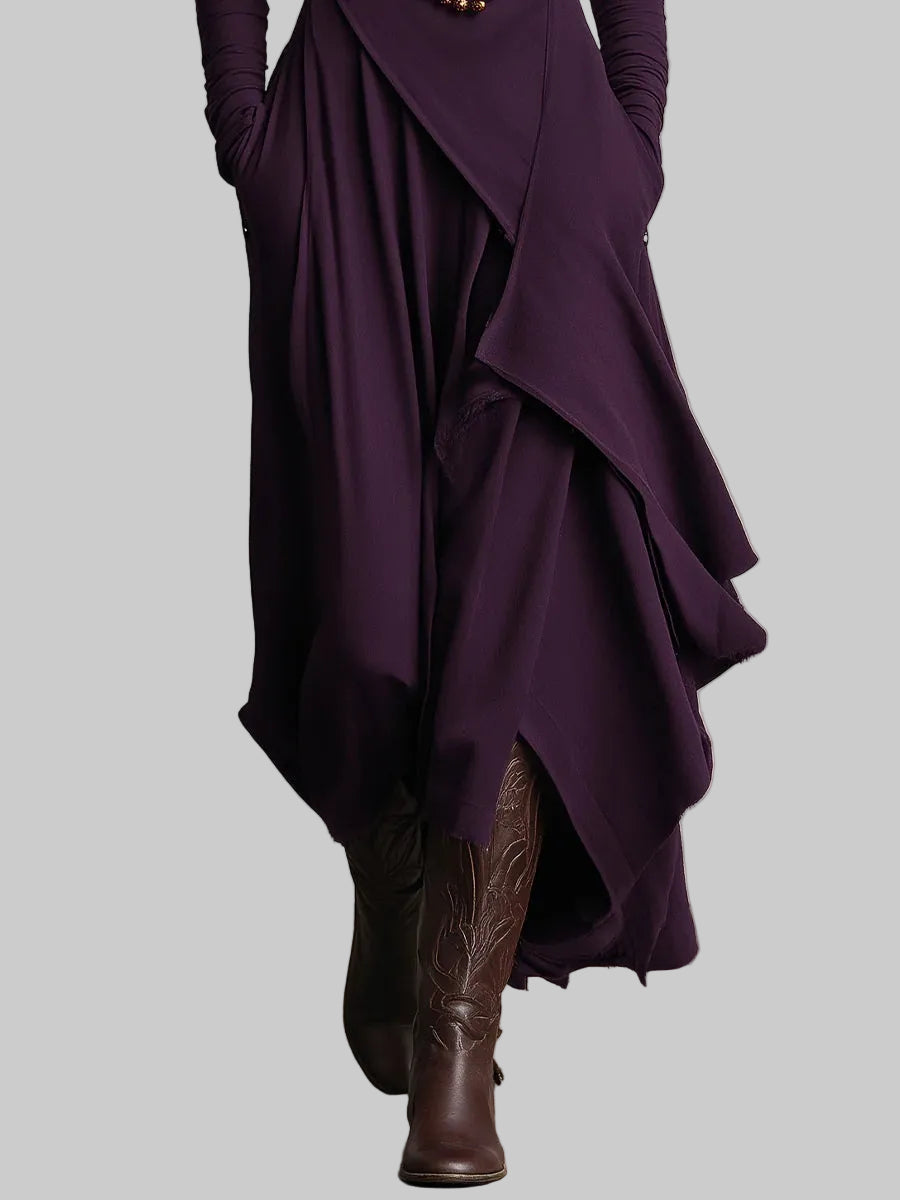 Draped Polo Neck Maxi Dress with Asymmetric Hem