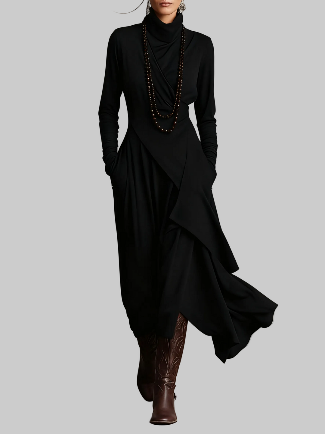 Draped Polo Neck Maxi Dress with Asymmetric Hem