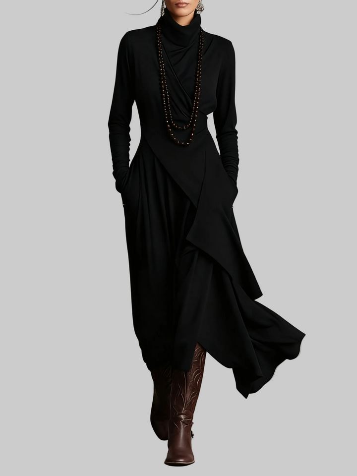Draped Polo Neck Maxi Dress with Asymmetric Hem