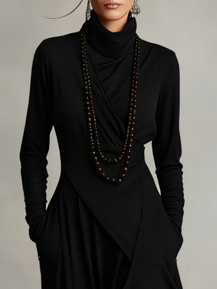 Draped Polo Neck Maxi Dress with Asymmetric Hem
