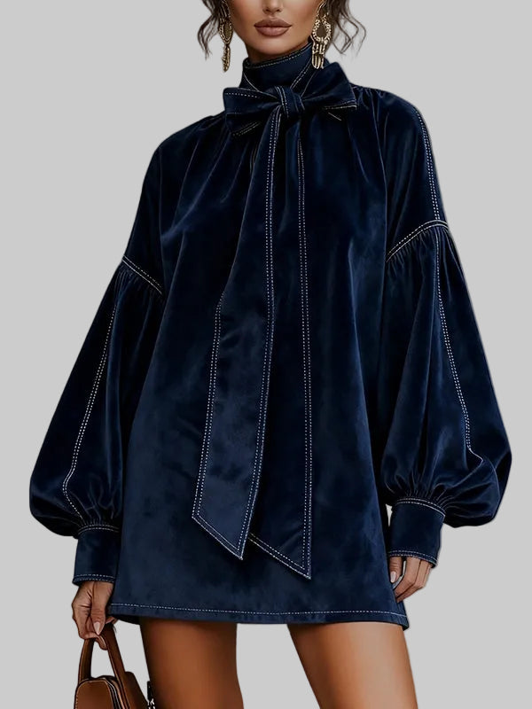 Women's Velvet-Effect Bow Mini Dress with Puff Sleeves