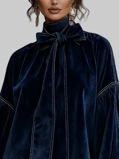 Women's Velvet-Effect Bow Mini Dress with Puff Sleeves