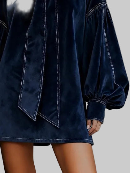 Women's Velvet-Effect Bow Mini Dress with Puff Sleeves