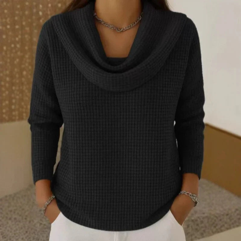 Women's Waffle Knit Cowl Neck Jumper - Black
