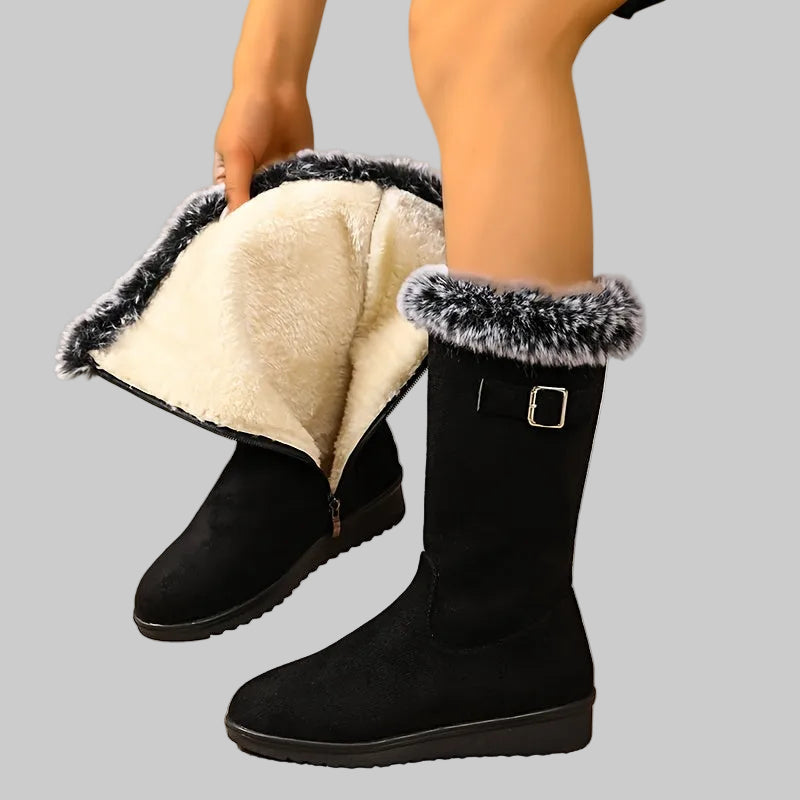 Fur-Lined Mid-Calf Winter Boots with Buckle Detail