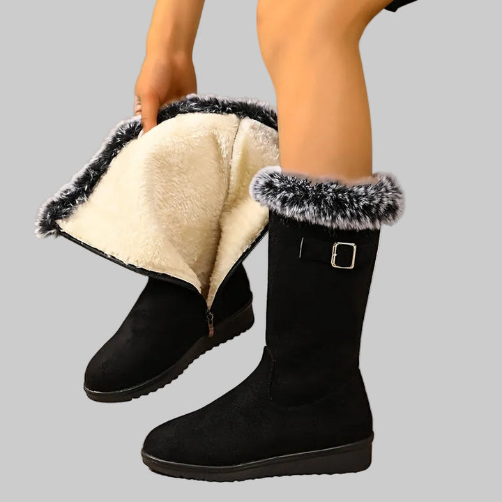 Fur-Lined Mid-Calf Winter Boots with Buckle Detail