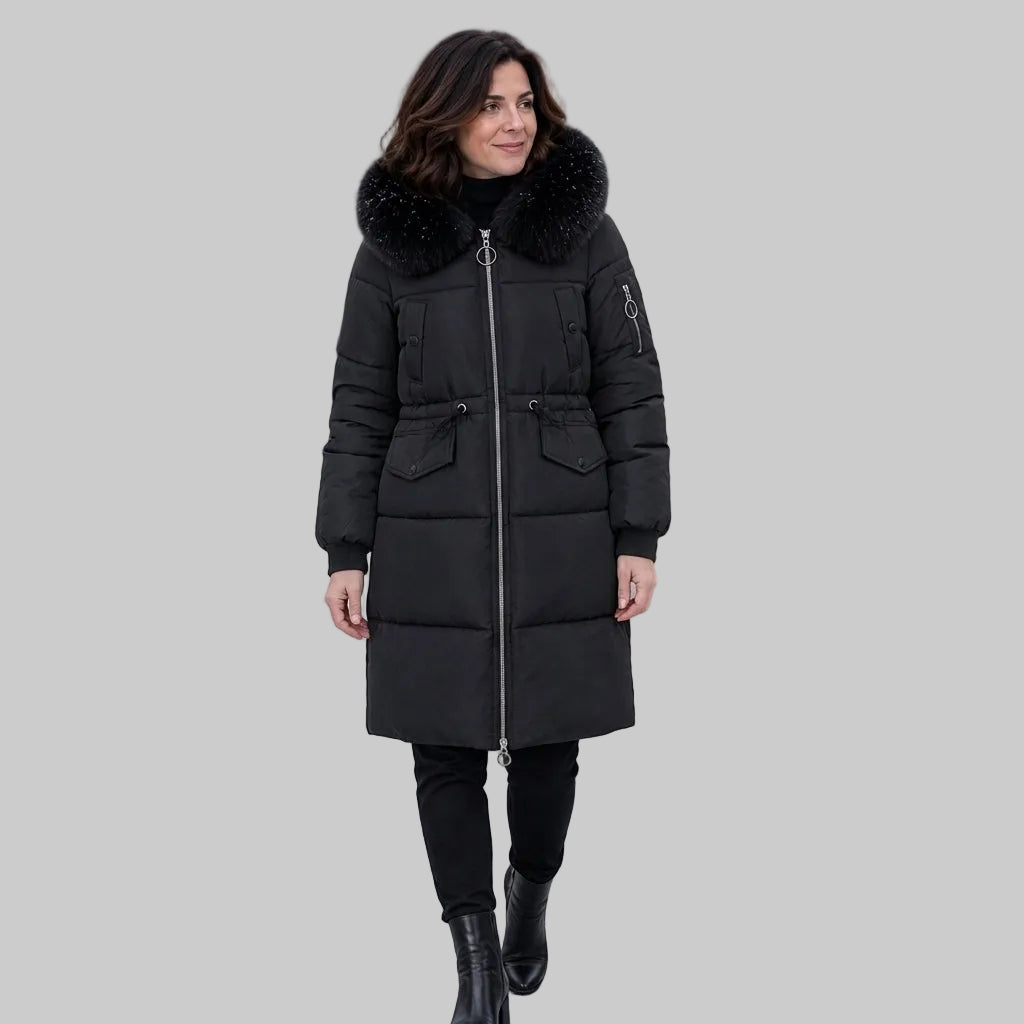 Women's Mid-Length Padded Winter Coat with Faux Fur-Style Hood Trim and Drawstring Waist