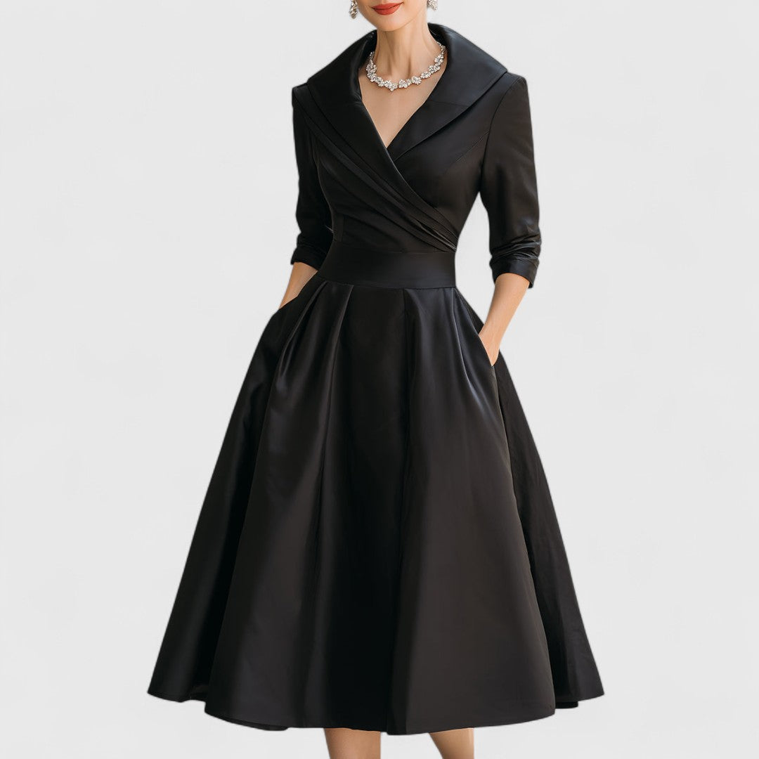 Women's V-Neck Midi Dress with 3/4 Sleeves and Cinched Waist