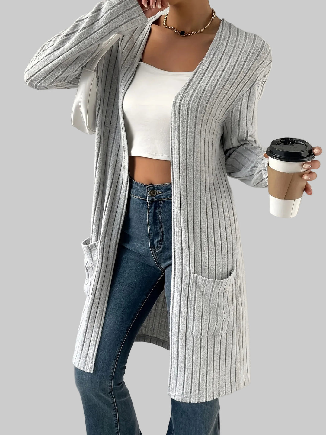 Longline Ribbed Knit Cardigan with Open Front and Pockets
