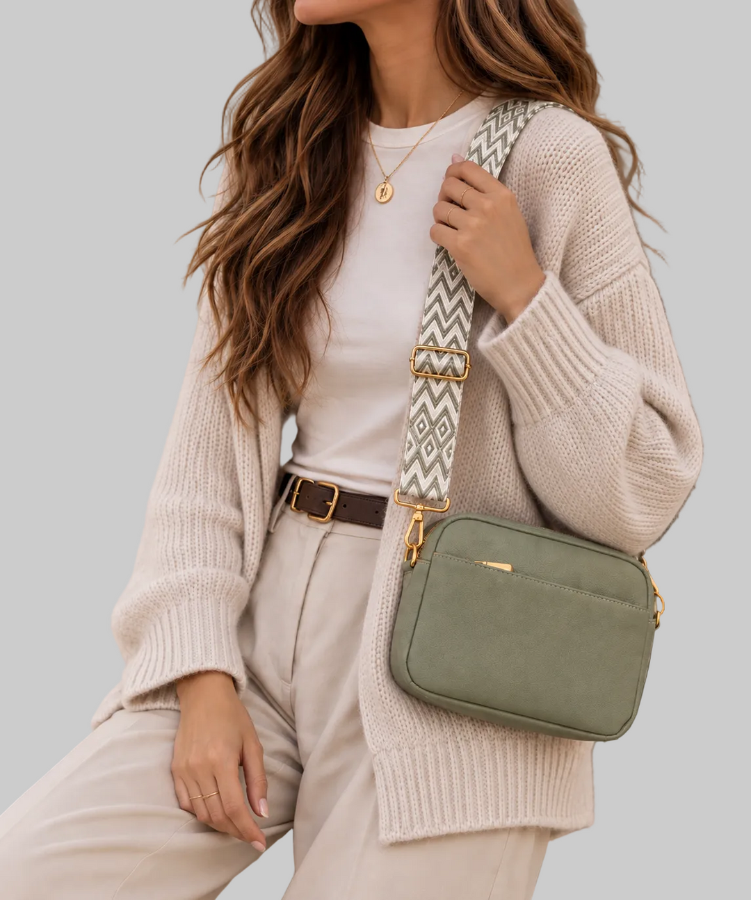 Vegan Leather Crossbody Bag with Wide Patterned Strap