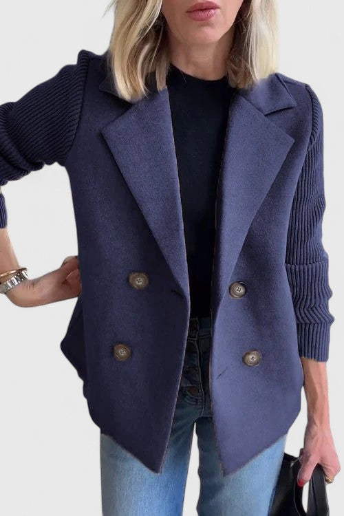 Women's Double-Breasted Tailored Blazer with Contrast Sleeves