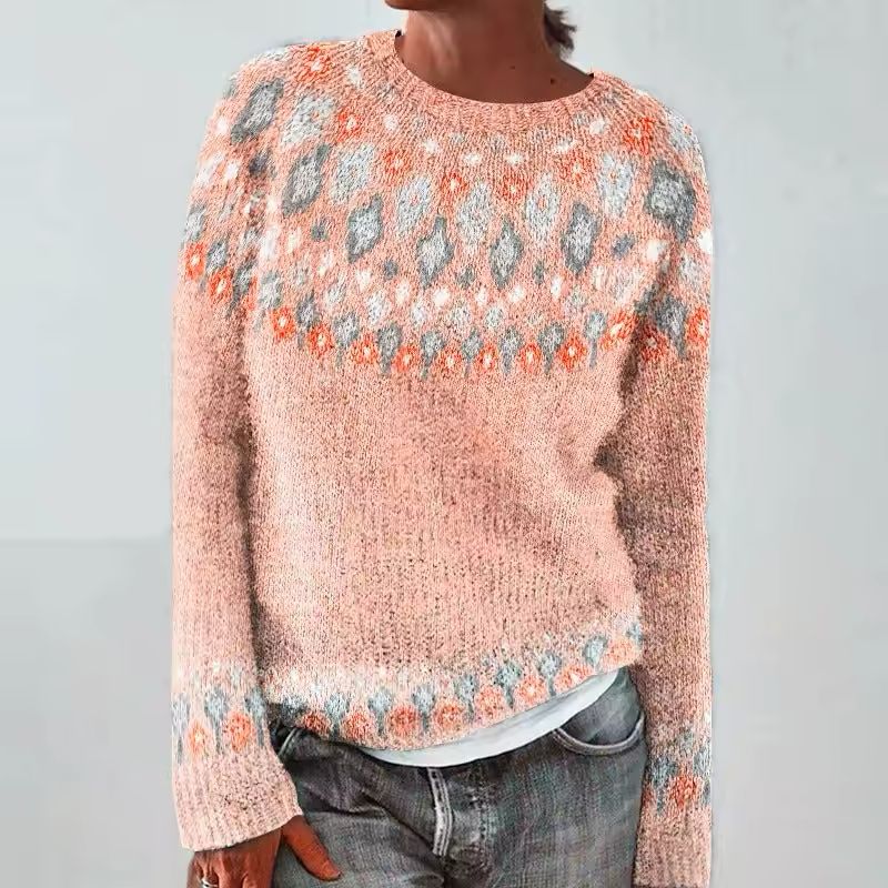 Women's Fair Isle Knitted Jumper with Crew Neck, Long Sleeves and Ribbed Cuffs