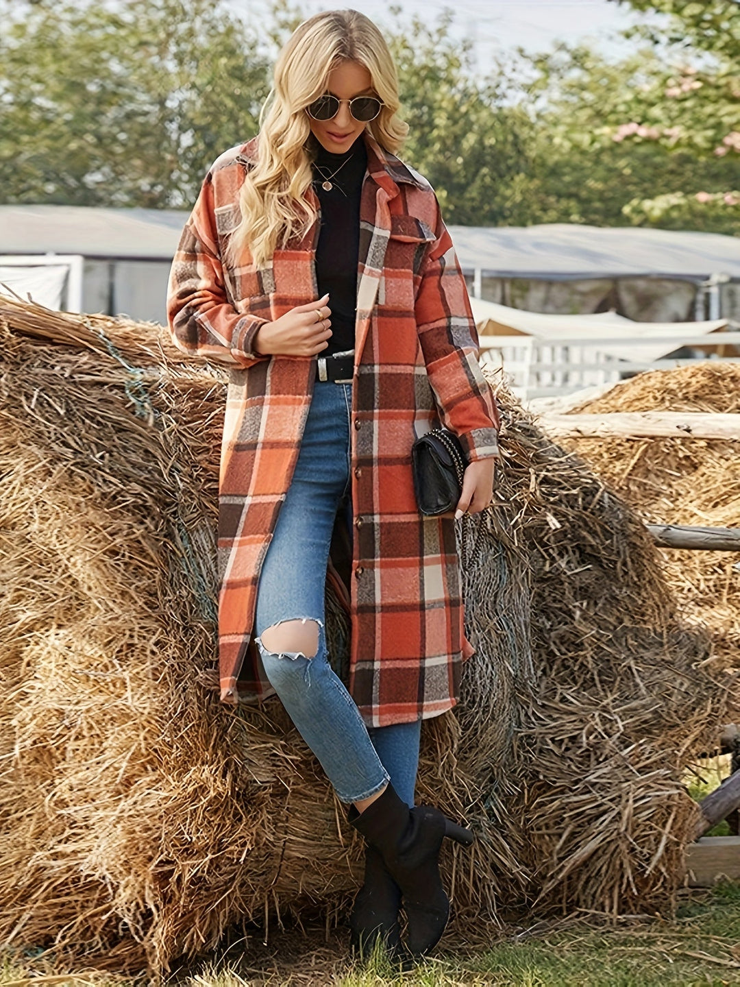 Women's Longline Plaid Button-Front Coat