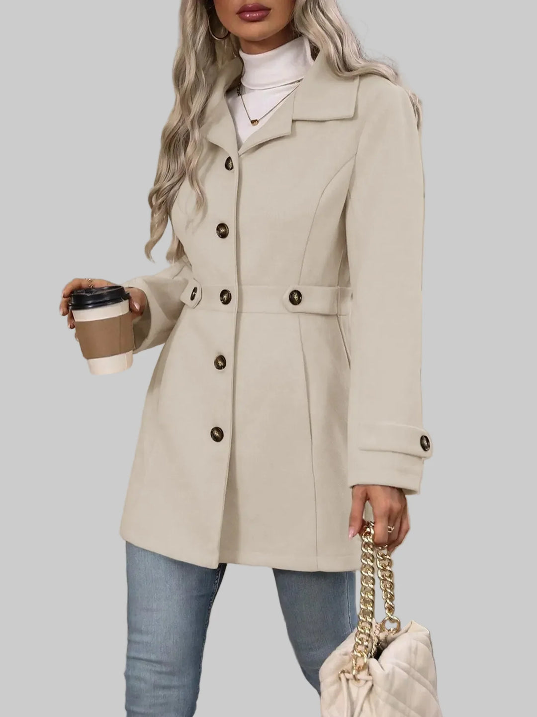 Tailored Button-Front Coat with Belted Waist