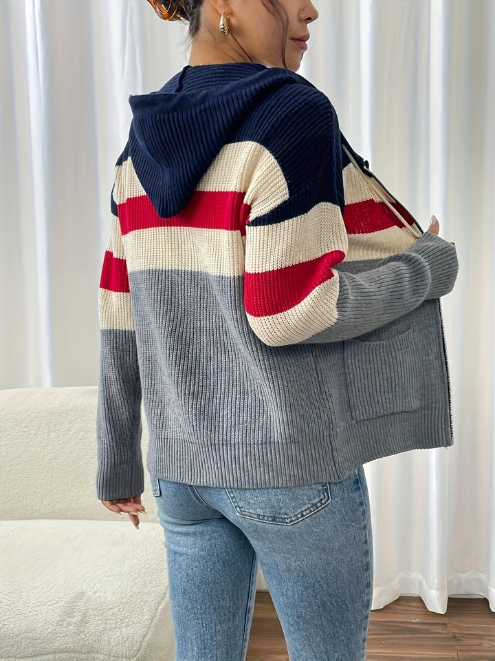 Women's Colour-Block Hooded Zip Cardigan