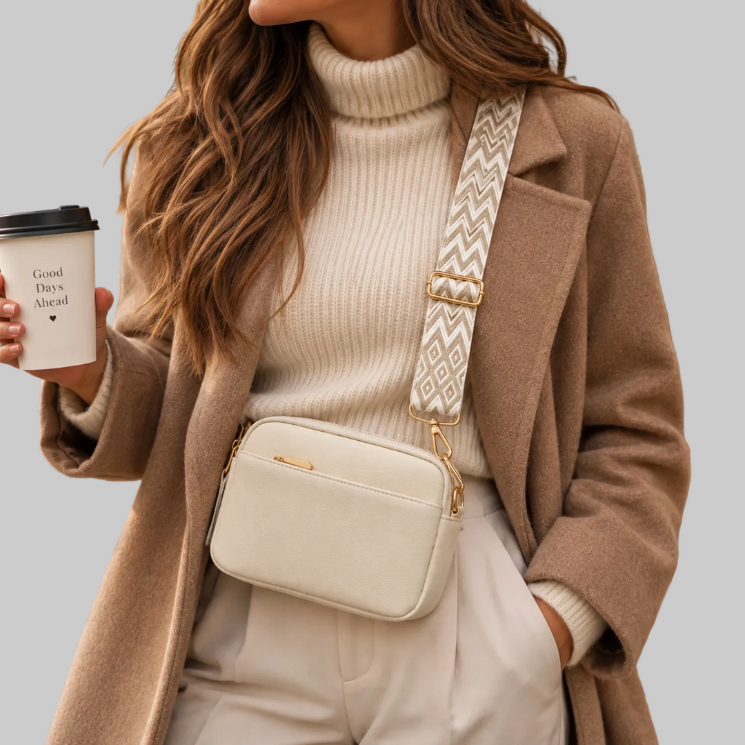 Vegan Leather Crossbody Bag with Wide Patterned Strap