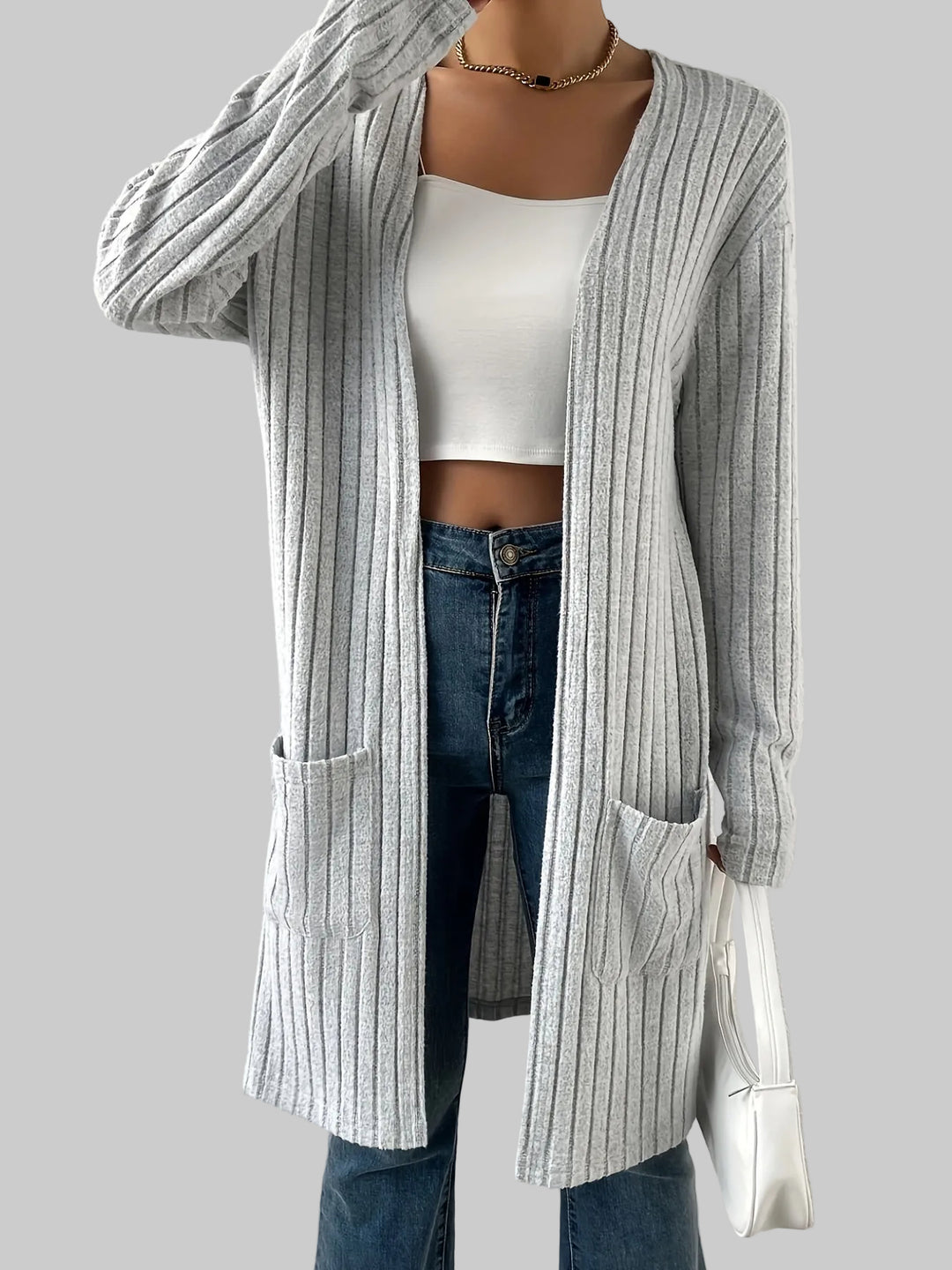 Longline Ribbed Knit Cardigan with Open Front and Pockets
