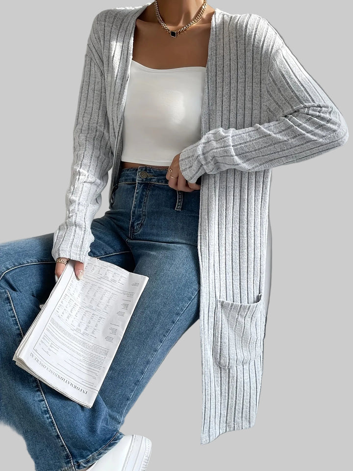 Longline Ribbed Knit Cardigan with Open Front and Pockets