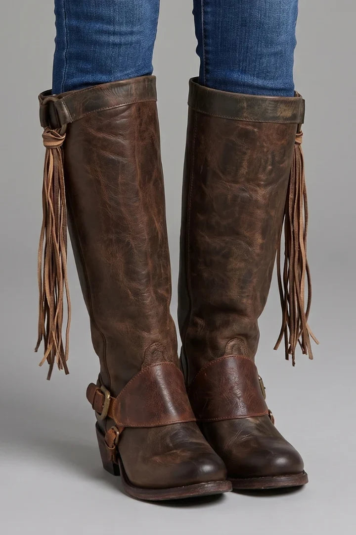 Women's Knee-High Zipper Boots with Tassel Detail