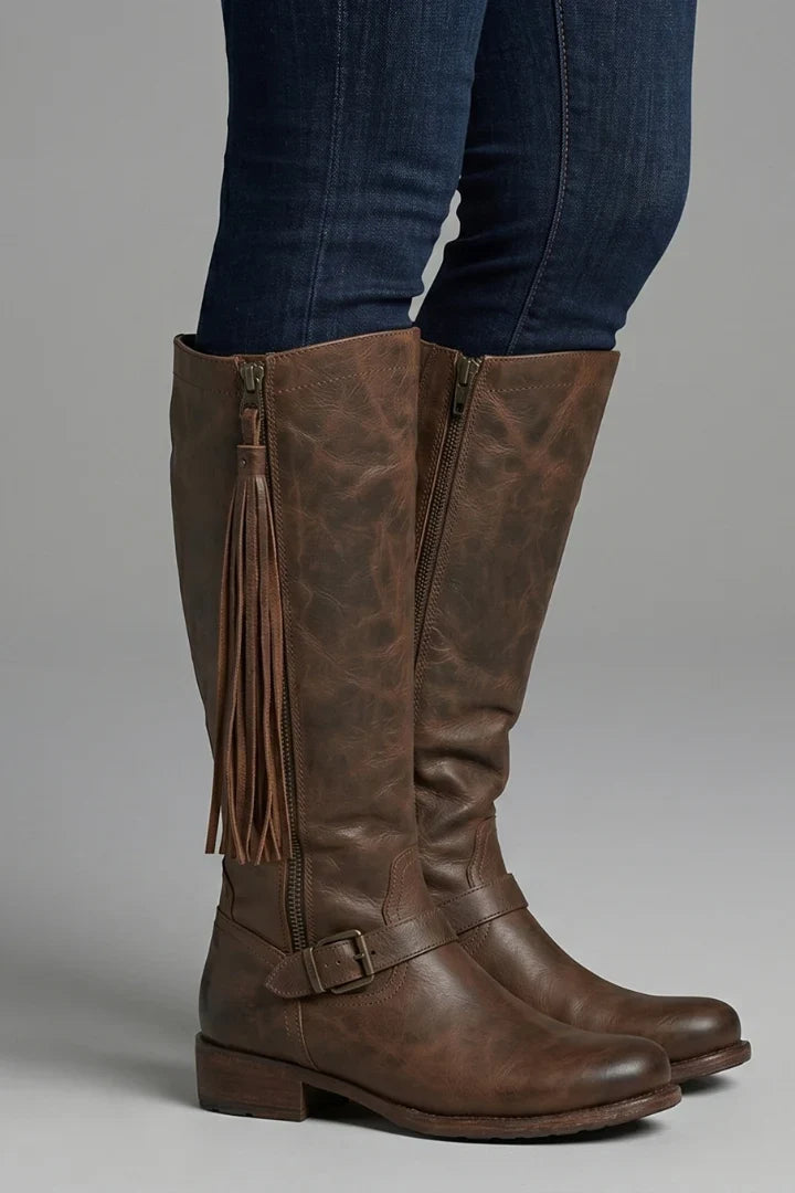 Women's Knee-High Zipper Boots with Tassel Detail