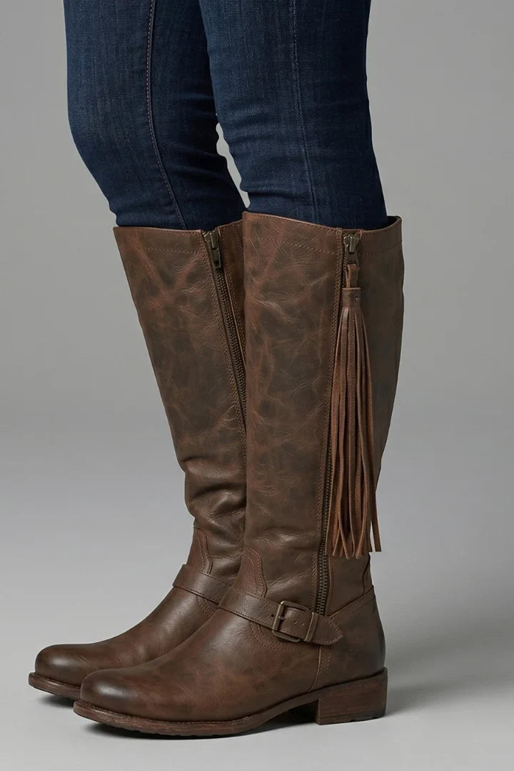 Women's Knee-High Zipper Boots with Tassel Detail